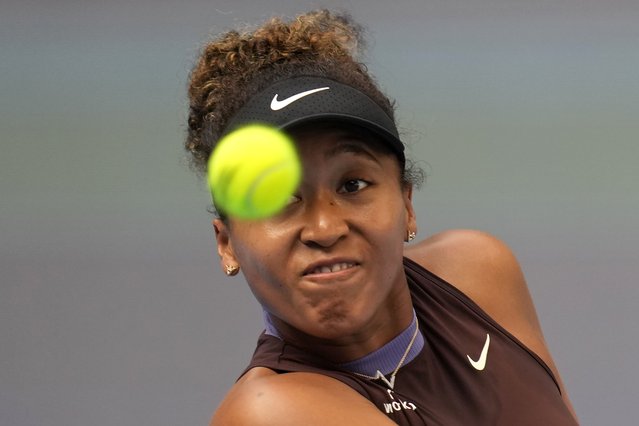 Japan's Naomi Osaka eyes a ball from Italy's Lucia Bronzetti during the China Open tennis tournament held at the National Tennis Center in Beijing, Wednesday, September 25, 2024. (Photo by Ng Han Guan/AP Photo)