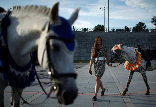 A woman leads a horse for tourists attraction in Yekaterinburg, Russia, July 28, 2017. (Photo by David Mdzinarishvili/Reuters)