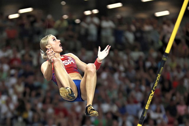 Katie Moon of Team United States reacts after competing in the Women's Pole Vault Final during day five of the World Athletics Championships Budapest 2023 at National Athletics Centre on August 23, 2023 in Budapest, Hungary. (Photo by Steph Chambers/Getty Images)