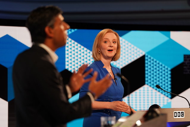 Liz Truss and Rishi Sunak takes part in the BBC Conservative Party leadership debate in Stoke-on-Trent, England, Monday July 25, 2022. Foreign Secretary Liz Truss and former Treasury chief Rishi Sunak are battling to succeed Boris Johnson as head of Britain’s governing party. (Photo by Jacob King/Pool via AP Photo)