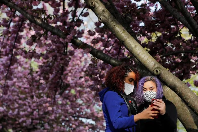 (L-R) Angela Sauretti and Tatiana Llazmin, both from Queens, take a selfie under a blossoming tree in Flushing Meadows-Corona Park in the Queens borough of New York City, April 25, 2020. (Photo by Andrew Kelly/Reuters)