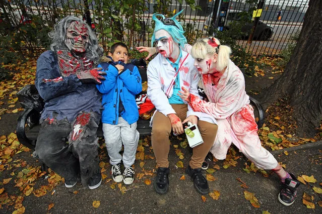 Participants dressed up as Zombies wandering through London on a pub crawl for World Zombie Day in aid of homeless charity St. Mungos World Zombie Day charity pub crawl, London, U.K. on October 7, 2017. (Photo by Paul Brown/Rex Features/Shutterstock)