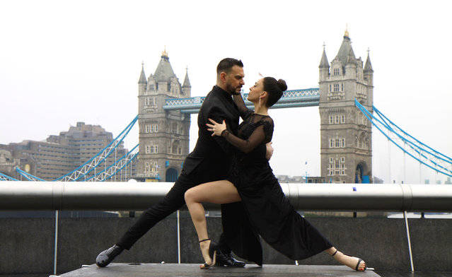 Strictly stars Maria Tsiatsiani and Leandro Palou strike a pose outside Gaucho Tower Bridge on January 24, 2025 as it sets to reopen just before Valentine’s Day on the 13th of February. (Photo by Supplied)
