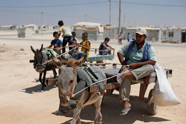 Syrian refugee Muhammad Ahmad rides on his donkey cart as he waits for customers at Al Zaatari refugee camp in the Jordanian city of Mafraq, near the border with Syria, August 18, 2016. (Photo by Muhammad Hamed/Reuters)
