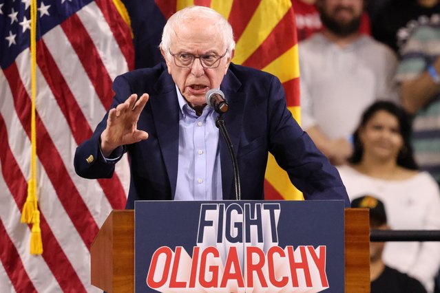 The Vermont senator Bernie Sanders speaking at a rally where he appeared alongside the New York representative Alexandria Ocasio-Cortez in Tempe, US on March 21, 2025. (Photo by Calvin Stewart/Zuma Press Wire/Rex Features/Shutterstock)