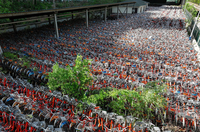A large number of Shared-bikes are parked at a vacant lot in Nanjing, Jiangsu province, China on April 14, 2025. (Photo by CFOTO/Future Publishing via Getty Images)
