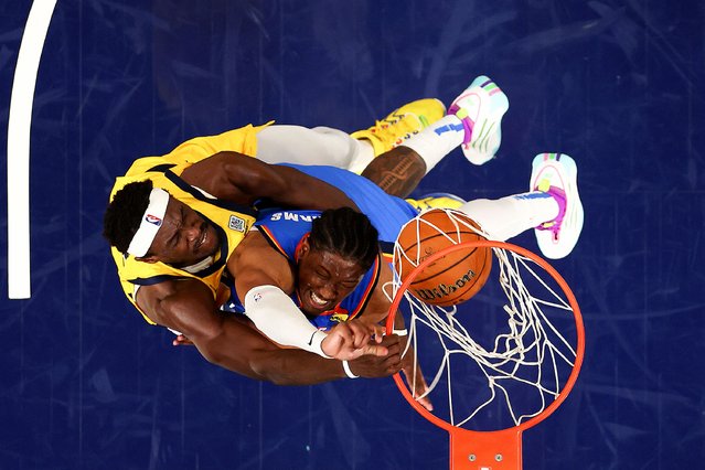 Pascal Siakam #43 of the Indiana Pacers dunks against Jalen Williams #8 of the Oklahoma City Thunder during the third quarter in Game Six of the 2025 NBA Finals at Gainbridge Fieldhouse on June 19, 2025 in Indianapolis, Indiana. (Photo by Maddie Meyer/Getty Images)