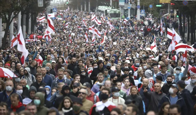People with old Belarusian national flags march during an opposition rally to protest the official presidential election results in Minsk, Belarus, Sunday, September 27, 2020. Hundreds of thousands of Belarusians have been protesting daily since the Aug. 9 presidential election. (Photo by TUT.by via AP Photo)