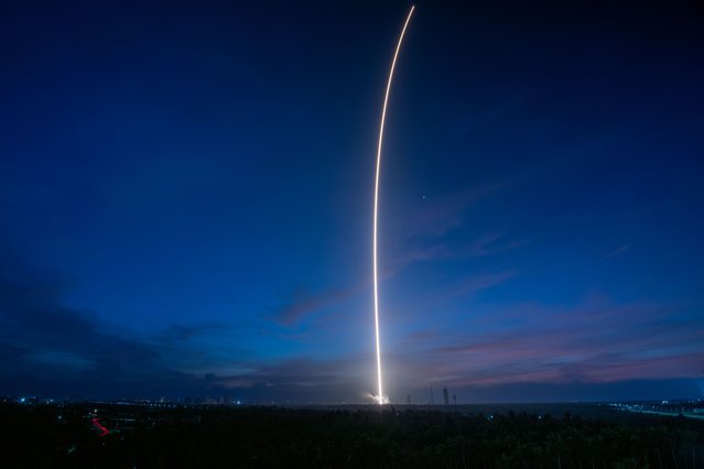 The Long March-7 Y10 carrier rocket carrying Tianzhou-9 blasts off from the Wenchang Spacecraft Launch Site on July 15, 2025 in Wenchang, Hainan Province of China. China launched the cargo spacecraft Tianzhou-9 in the early morning of July 15 to deliver supplies for its orbiting Tiangong space station. (Photo by Luo Yunfei/China News Service/VCG via Getty Images)