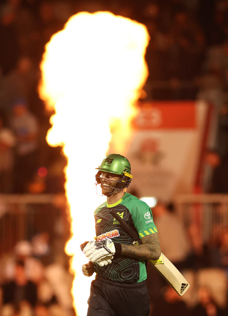 Reece Topley of Southern Brave celebrates his teams victory following the The Hundred match between Manchester Originals Men and Southern Brave Men at Emirates Old Trafford on August 06, 2025 in Manchester, England. (Photo by Joe Prior/Getty Images)