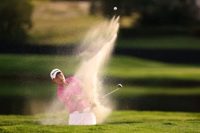 Collin Morikawa of the United States plays a shot from a bunker on the 17th hole during the first round of the Arnold Palmer Invitational presented by Mastercard at Arnold Palmer Bay Hill Golf Course on March 02, 2023 in Orlando, Florida. (Photo by Richard Heathcote/Getty Images)