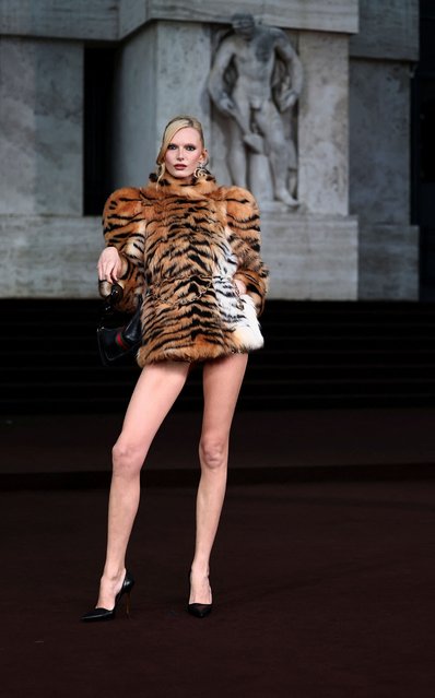 Alex Consani arrives for Gucci's exclusive screening of 'The Tiger', a short film directed by Spike Jonze and Halina Reijn during Milan Fashion Week, in Milan, Italy, on September 23, 2025. (Photo by Yara Nardi/Reuters)