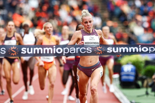 Britain's Keely Hodgkinson runs to victory in the women's 800 meters event during the FBK Games in Hengelo on July 7, 2024. (Photo by Vincent Jannink/ANP via AFP Photo) 