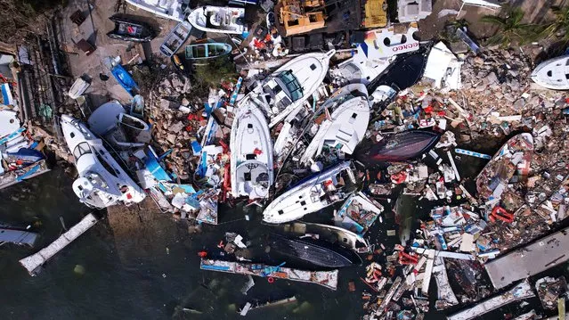 An aerial view of the Plaza Manzanillo yacht club affected by Hurricane Otis in Acapulco, Mexico, 28 October 2023. The Plaza Manzanillo yacht club, one of the principal tourist spots in the entire Mexico, was partially destroyed by the Hurrican Otis on 25 October 2023. (Photo by David Guzman/EPA)