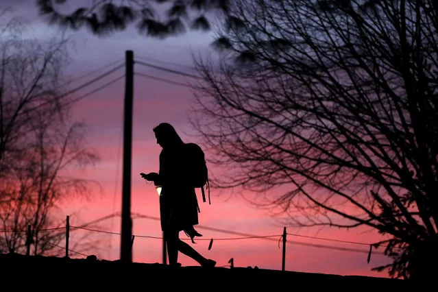 A University of New Hampshire student walks across campus as the sun sets Thursday, February 4, 2016, in Durham, N.H. (Photo by Matt Rourke/AP Photo)