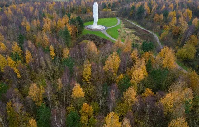 The sculpture “The Dream” by artist Jaume Plensa is surrounded by trees showing autumn foliage near St Helens, Britain on November 20, 2023. (Photo by Phil Noble/Reuters)