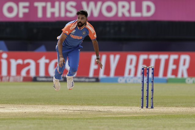 India's Mohd Siraj reacts after bowling a delivery during the ICC Men's T20 World Cup cricket match between United States and India at the Nassau County International Cricket Stadium in Westbury, New York, Wednesday, June 12, 2024. (Photo by Adam Hunger/AP Photo)