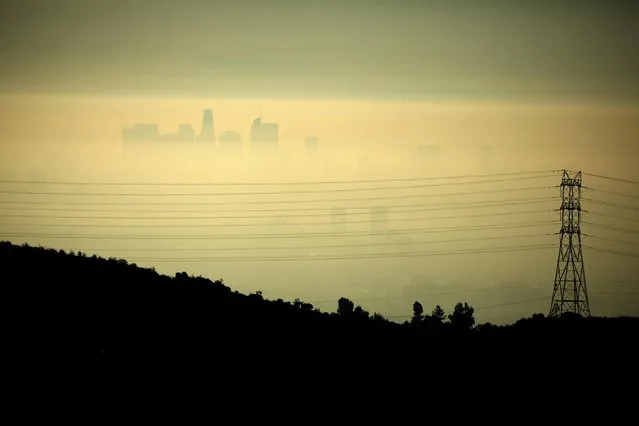 Downtown Los Angeles is seen behind an electricity pylon through the morning marine layer in Los Angeles, California, U.S., August 20, 2019. (Photo by Lucy Nicholson/Reuters)