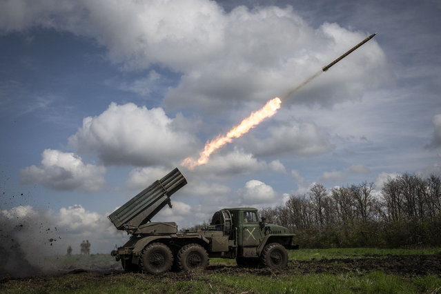 A Grad missile is launched on Donetsk frontline as the Russia-Ukraine war continues in Donetsk Oblast, Ukraine on April 24, 2023. (Photo by Muhammed Enes Yildirim/Anadolu Agency via Getty Images)