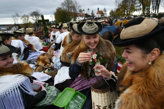 Women in traditional costume sat in a car during the traditional Tölzer Leonhardi ride in Bavaria, Germany on November 6, 2019. The horse pilgrimage in honour of Saint Leonhard as patron saint of the farm animals takes place every year on 6 November. (Photo by Angelika Warmuth/dpa)