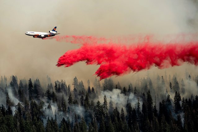 An air tanker drops retardant while trying to keep the Park Fire from spreading in the Mineral community of Tehama County, Calif., on Tuesday, August 6, 2024. (Photo by Noah Berger/AP Photo)