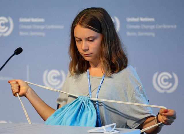 Youth climate justice activist Greta Thunberg attends a press conference on the urgency to put fossil fuel phase-out on the table at the COP28 climate summit later this year in Dubai, in Bonn, Germany on June 13, 2023. (Photo by Wolfgang Rattay/Reuters)