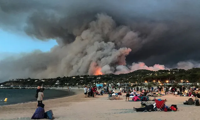 Evacuated people found refuge on the beach and look at a fire burning the forest in Bormes-les-Mimosas, at sunrise on July 26, 2017. Over 10,000 people, including thousands of holidaymakers, were evacuated from campsites and homes in southern France as firefighters on July 26, 2017 battled the latest in a string of huge blazes along the Mediterranean coast. (Photo by Marion Leflour/AFP Photo)