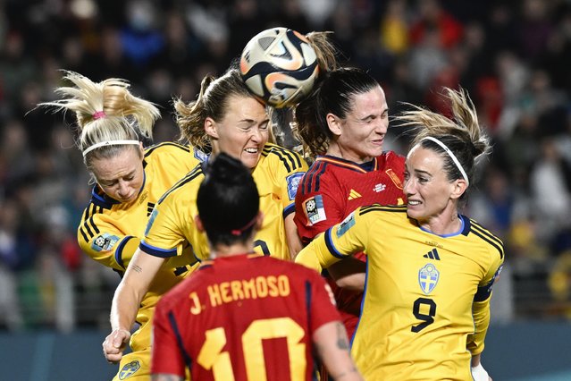 Player compete to head the ball during the Women's World Cup semifinal soccer match between Sweden and Spain at Eden Park in Auckland, New Zealand, Tuesday, August 15, 2023. (Photo by Andrew Cornaga/AP Photo)