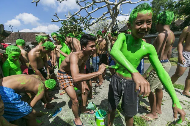 Balinese paint their bodies as they prepare to take part in a sacred Gerebeg ritual at a village in Gianyar, Bali, Indonesia, 19 August 2015. The sacred Gerebeg ritual aimed to driving all evil spirits out of the villages is staged every six months. During the ritual, participants decorate their bodies with colorful painting and parade across the village. (Photo by Made Nagi/EPA)