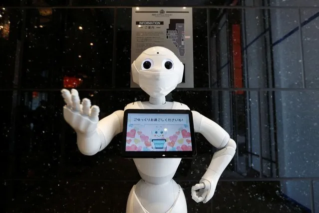 A Pepper humanoid robot, manufactured by SoftBank Group Corp. demonstrates how to check-in in a hotel of APA Group that has been designated to accommodate asymptomatic people and those with light symptoms of the coronavirus disease (COVID-19) to free up hospital beds and alleviate work by nurses and staff members, in Tokyo, Japan May 1, 2020. (Photo by Issei Kato/Reuters)