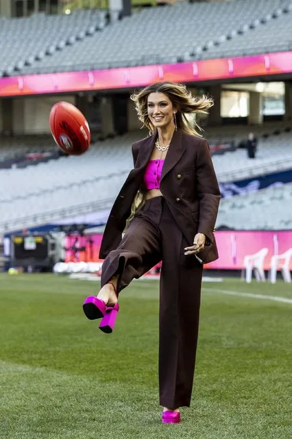 Australian singer-songwriter Delta Goodrem during a media opportunity announcing the AFL Grand Final entertainment line-up at Melbourne Cricket Ground on September 22, 2022 in Melbourne, Australia. (Photo by Sam Tabone/WireImage)