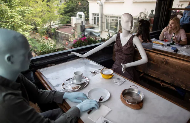 Customers sit near mannequins placed on the adjacent tables according to social distancing rules at the Varuna Gezgin cafe in Istanbul, Turkey, 02 June 2020. Turkey on 01 June reopened restaurants, cafes, parks, beaches, lifted inter-city travel bans as the country eases coronavirus restrictions amid the ongoing pandemic of the COVID-19 disease caused by the SARS-CoV-2 coronavirus. (Photo by Erdem Sahin/EPA/EFE)