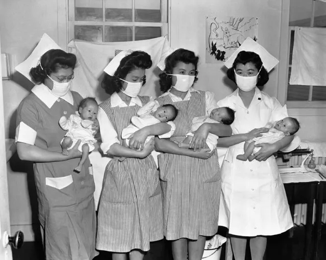 Nurses hold four new arrivals to the Tule Lake, Calif., Japanese Relocation Center May 21, 1943. Nurses from left to right are: Mary Nitta, Ruby Fujicki, Masako Nakadoi and Katsumi Ogawa. (Photo by AP Photo)