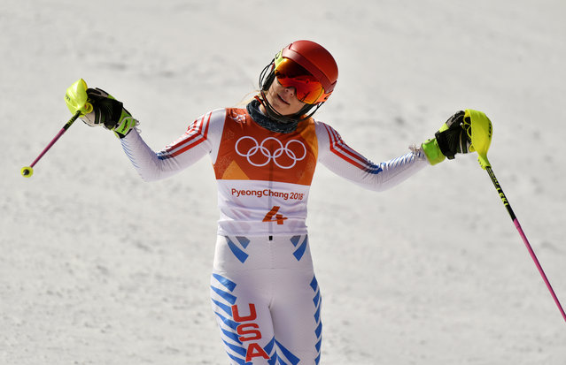 Mikaela Shiffrin of the United States reacts at the finish area after second run of Ladies' Slalom Alpine Skiing at Yongpyong Alpine Centre on February 16, 2018. Shiffrin finished as 4th place. (Photo by Hyoung Chang/The Denver Post)