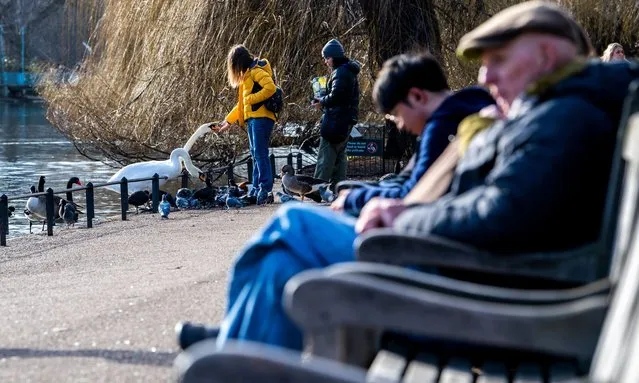 Two people feed the birds in St James Park in the late January 2023 sunshine in London, United Kingdom. (Photo by Jill Mead/The Guardian)