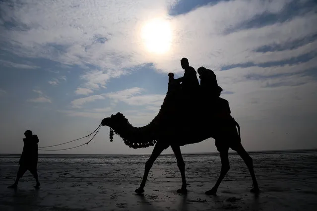 People  ride a camel at a beach in Karachi, Pakistan, 25 November 2020. (Photo by Rehan Khan/EPA/EFE)