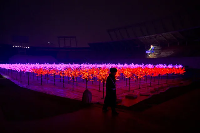 A security guard walks past lights set up as part of an ice carvings festival held inside the Worker's Stadium in Beijing, Wednesday, January 14, 2015. (Photo by Ng Han Guan/AP Photo)
