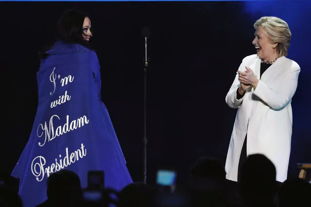 U.S. Democratic presidential nominee Hillary Clinton reacts on stage with singer Katy Perry during a campaign concert and rally in Philadelphia, Pennsylvania, U.S., November 5, 2016. (Photo by Lucas Jackson/Reuters)