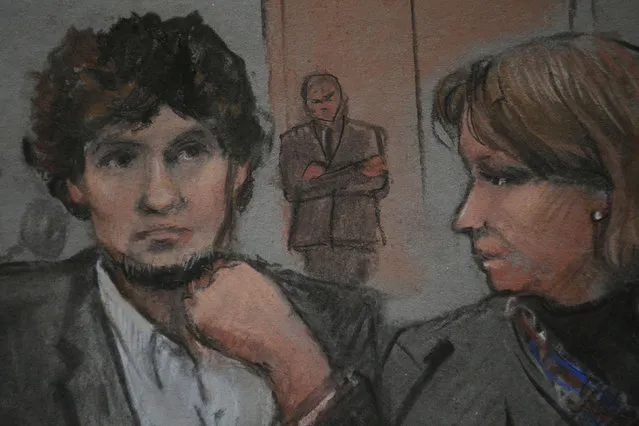 A courtroom sketch shows accused Boston Marathon bomber Dzhokhar Tsarnaev (L) in court on the second day of his trial at the federal courthouse in Boston, Massachusetts March 5, 2015. Tsarnaev, 21, is accused of killing three people and injuring 264 with a pair of homemade pressure-cooker bombs on April 15, 2013 at the Boston Marathon finish line. REUTERS/Jane Flavell Collins