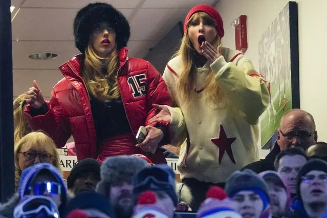 Taylor Swift, right, and Brittany Mahomes react during the third quarter of an NFL AFC division playoff football game between the Buffalo Bills and the Kansas City Chiefs, Sunday, January 21, 2024, in Orchard Park, N.Y. (Photo by Frank Franklin II/AP Photo)