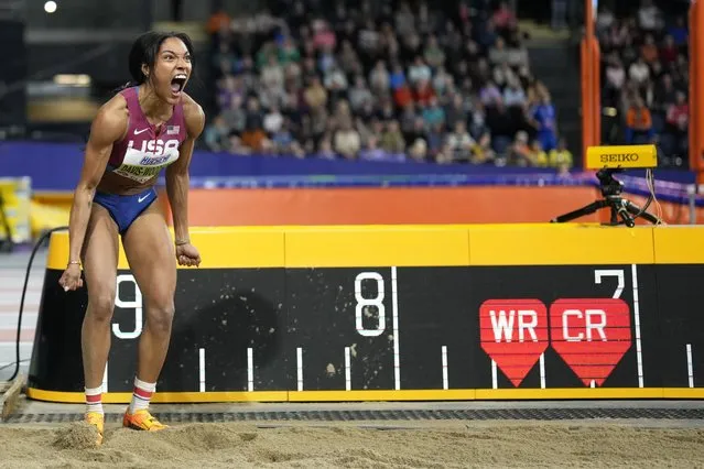Tara Davis-Woodhall, of the United States, reacts after an attempt in the women's long jump during the World Athletics Indoor Championships at the Emirates Arena in Glasgow, Scotland, Sunday, March 3, 2024. (Photo by Bernat Armangue/AP Photo)