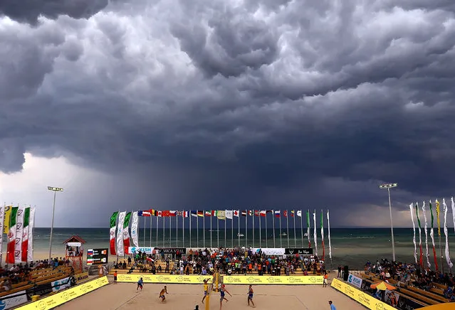A general view of court action as the weather closes in on day 3 of the FIVB Kish Island on February 17, 2016 in Kish Island, Iran. (Photo by Amin M. Jamali/Getty Images)