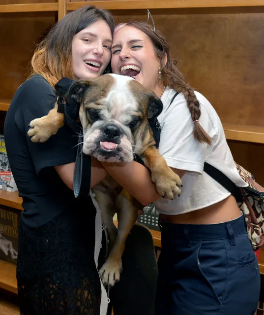 Bella Thorne takes a picture and hugs a fan's dog after speaking and signing copies of her New Book “The Life of a Wannabe Mogul: Mental Disarray” at Books and Books on August 6, 2019 in Coral Gables, Florida. (Photo by Johnny Louis/Getty Images)