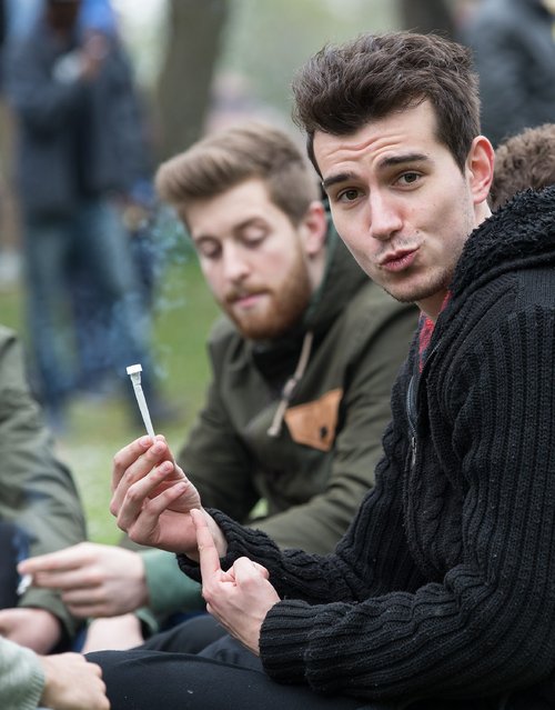 Proponents for the legalisation of cannabis gather in Heaton Park in Manchester for “420 Day”. The event is organised by pro-cannabis groups ManCan and Mannijuana and is one of many taking place in cities across the world on Sunday, 20th April 2014. (Photo by London News Pictures/REX Feature)