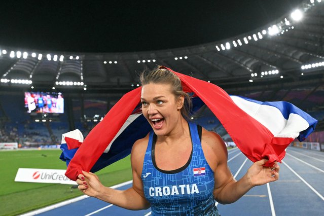 Croatia's athlete Sandra Elkasevic celebrates winning the women's discus throw final during the European Athletics Championships at the Olympic stadium in Rome on June 8, 2024. (Photo by Andreas Solaro/AFP Photo)