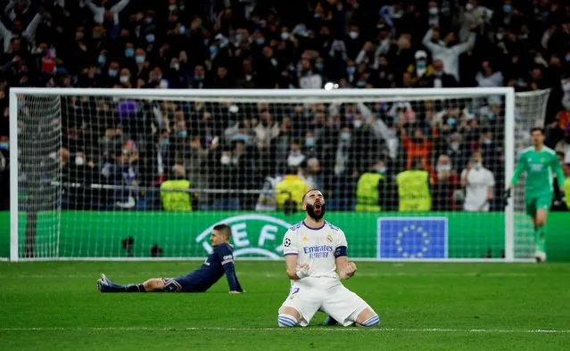 Real Madrid's Karim Benzema celebrates after the Champions League Round of 16 match against Paris St Germain, in Santiago Bernabeu, Madrid, Spain, March 9, 2022. (Photo by Susana Vera/Reuters)