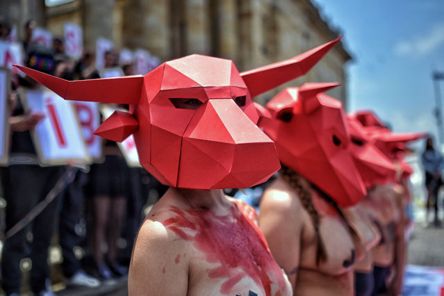 A group of activists wear red cardboard bull head masks during a protest against bullfighting and animal abuse in front of the National Congress in Bogota, on March 28, 2023. Anti-bullfighting movements are awaiting congressional pronouncement on the banning of bullfighting and traditional corralejas. (Photo by Juan Barreto/AFP Photo)