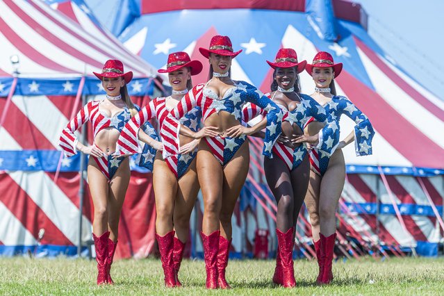 Circus Vegas's nationwide tour comes to town to entertain audiences in a big top tent in Poole, Dorset, UK on August 1, 2024. The show is celebrating 255 years of performances and includes acrobats, daredevils and dance acts. (Phoot by Bournemouth News)