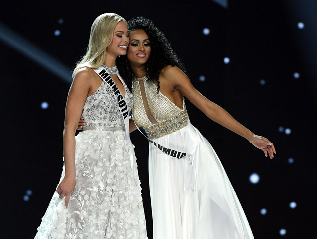 Miss Minnesota USA 2017 Meridith Gould (L) and Miss District of Columbia USA 2017 Kara McCullough hug after they were named as top three finalists in the 2017 Miss USA pageant at the Mandalay Bay Events Center on May 14, 2017 in Las Vegas, Nevada. McCullough went on to be named the new Miss USA and Gould was named the second runner-up. (Photo by Ethan Miller/Getty Images)