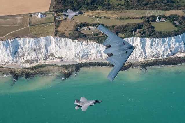 A handout photo made available by the British Royal Air Force (RAF) on 30 August 2019 shows a United States Air Force B2 Spirit, currently deployed to RAF Fairford in Gloucestershire, flying above Dover, United Kingdom, 29 August 2019. For the first time, Royal Air Force F-35 Lightning jets have been conducting integration flying training with the B-2 Spirit stealth bombers of the United States Air Force as part of their deployment to RAF Fairford in Gloucestershire, UK. Whilst deployed to the UK the aircraft will conduct a series of training activities in Europe. RAF Fairford routinely hosts deployments and exercises by US strategic aircraft. These regular deployments reinforce the US Air Force Europe and the Royal Air Force’s unique and complementary partnership and the collective contribution to NATO. (Photo by /EPA/EFE/USAF Major (Exchange Pilot))